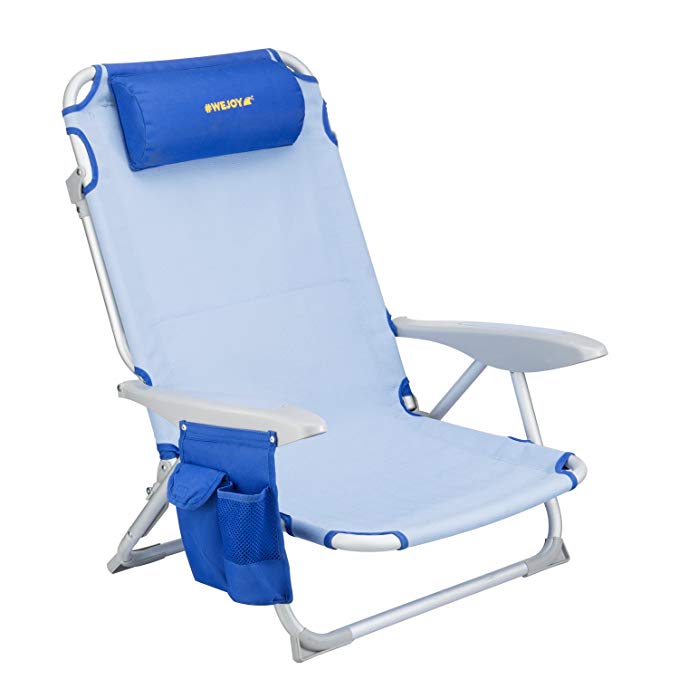 #WEJOY 4-Position Beach Chair Oversize Folding Beach Lounge Cooler Chair Lay-Flat Aluminum Frame Backpack Lightweight Portable with Armrest Pillow Cup Holder Storage Bag, Supports 264lbs