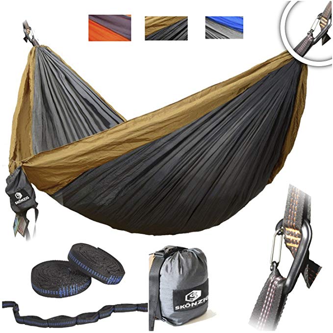 Skonzig Single, Double Camping Hammock - Lightweight Deluxe Portable Parachute Nylon - Include Heavy-Duty Carabiners & Tree Straps.