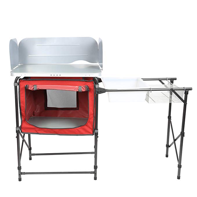 PORTAL Portable Camp Kitchen Table Deluxe Outdoor Cooking Picnic BBQ Grill Station with Storage Organizer, Windscreen and Sink Table