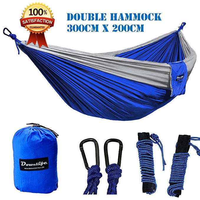 Dowellife Double Parachute Camping Hammock- Lightweight Nylon Outdoor Portable Hammock for Backpacking, Camping, Hiking, Travel, 118”x78”,2x16.4 Feet Ropes and Tree Straps included