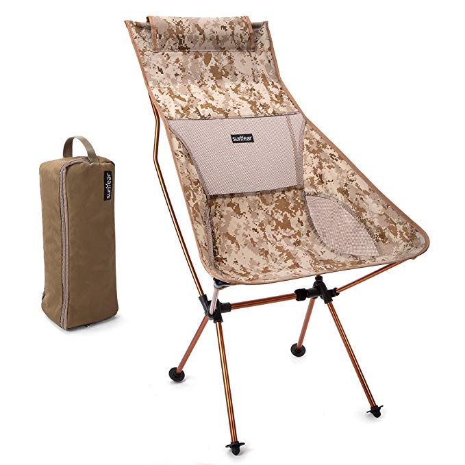 Sunyear Innovative Foldable Camp Chair, Stuck-Slip-Proof Feet, High Back, Headrest, Super Comfort Ultra Light Heavy Duty, Perfect for The Backpacking/Hiking/Fishing/Beach/Sport (Camo)