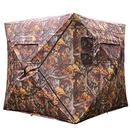 Durable Poly Fabric XL Pop Up Ground Hunting Blind Wood Leaf Camo Hub Style Tent w/ Zipper Roof Door Windows for Professional Wild Life Fowl Game Hunt Camping