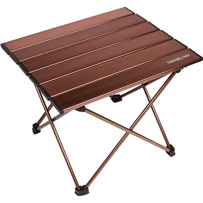 Trekology Portable Camping Side Tables with Aluminum Table Top: Hard-Topped Folding Table in a Bag for Picnic, Camp, Beach, Boat, Useful for Dining & Cooking with Burner, Easy to Clean