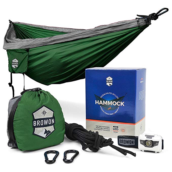 Lightweight 2 Person (Double) Camping Hammock Includes Headlamp, Tree Straps, Carabiners and Stuff Sack