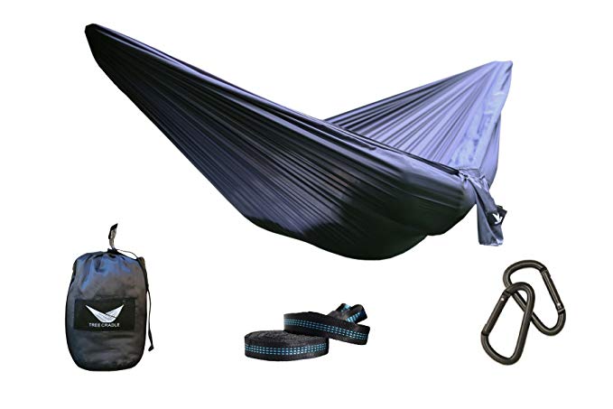 Tree Cradle Double Hammock Kit - Includes Ripstop Hammock, Tree Straps, Steel Carabiners and Pouch. Ripstop Parachute Nylon for Hiking, Camping, Travel, Beach & Backpacking