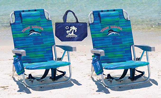 2 Tommy Bahama Backpack Beach Chairs (Blue Stripes + Blue Stripes) + 1 Medium Tote Bag