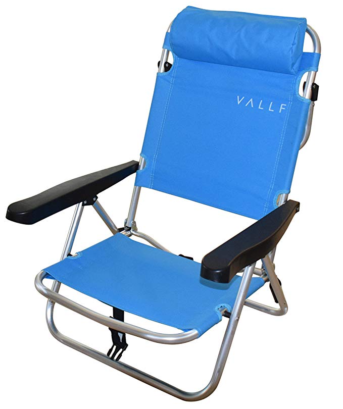 VALLF High-Back and Lay-Flat Aluminum Lightweight & Sturdy 4 Position Backpack Beach Chair with Pillow (Blue)