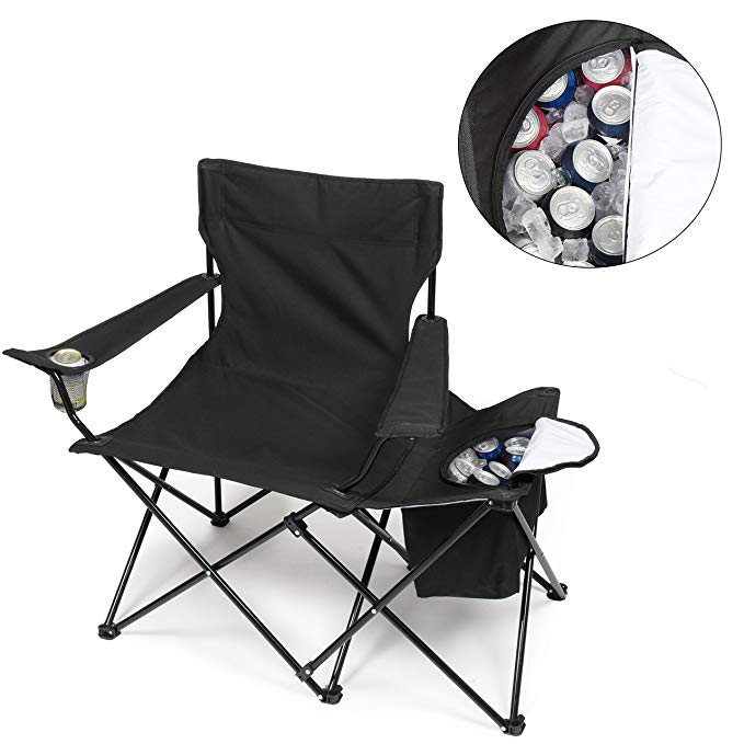 Tailgating Chair w Insulated Cooler- XXL Size Collapsible Folding Camping Chair w Cup Holder and Travel Bag