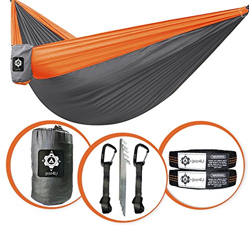 gear4U Two Person, Double Camping Hammock with 2 Heavy Duty Tree Straps, 2 Pockets, 6 Tie Downs and Stakes. Strong Nylon Material. Best Gear for Backpacking, Hiking, Camping, Travel, Beach or Yard