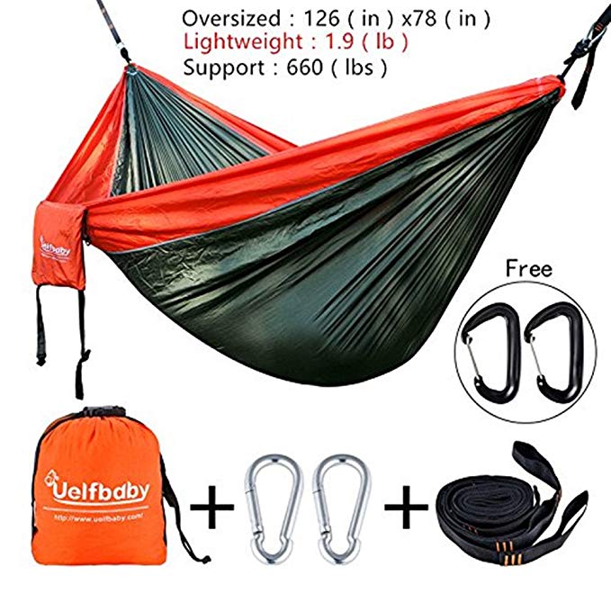 Uelfbaby Camping Hammocks Resistant Lightweight Parachute Fabric include Stretch Resistant Tree Strap Suspension System Perfect for Travel Hiking 126