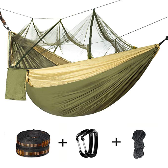 Double Camping Hammock with Mosquito Net - 2 Person Parachute Hammock Lightweight Portable Hammock with Tree Straps for Backpacking Travel Beach Hiking Garden Yard Kids Outdoor Hammocks Bug Net Tent