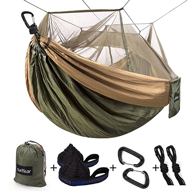 Single & Double Camping Hammock with Mosquito/Bug Net, 10ft Hammock Tree Straps & Carabiners | Easy Assembly | Portable Parachute Nylon Hammock for Camping, Backpacking, Survival, Travel & More