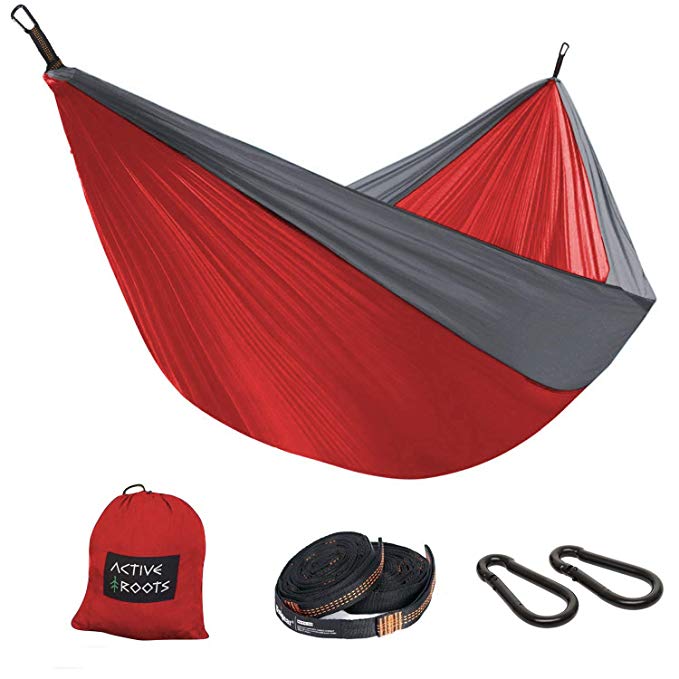 Active Roots Camping Hammock – Lightweight Portable Parachute Nylon Hammock for Backpacking, Travel, Beach, Yard Hammock Gear (Tree Straps and Carabiners) Included!