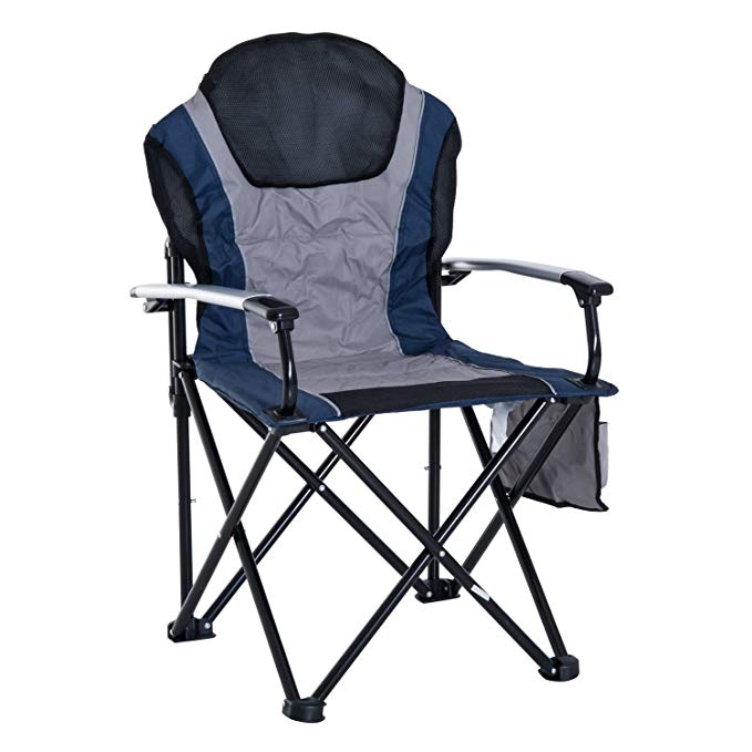 Outsunny Aluminum Outdoor Portable Folding Padded Camping Chair with Side Storage Pocket - Navy Blue