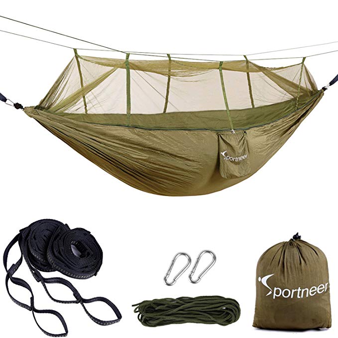 Camping Hammock with Mosquito Bug Net, Sportneer Double Parachute Fabric Portable Backpacking Hammocks with Tree Strap For Camping, Hiking, Backyard and Travel