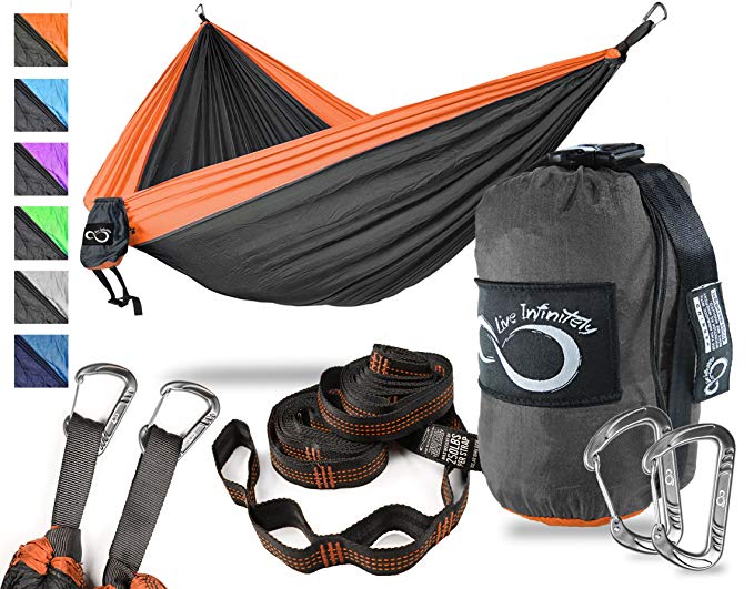 Live Infinitely Double Outdoor Camping Hammock Set- Lightweight, Compact & Portable Two Person Parachute Nylon Hammock Set- 2-16 Loop Tree Straps - Holds 500LBS-Ideal for Travel, Hiking & Beach