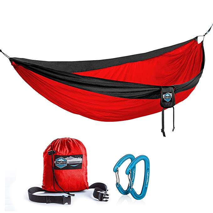 Double Parachute Camping Hammock by Youphoria Outdoors - Lightweight Nylon Compression Travel Hammock with Premium Wiregate Aluminum Carabiners - Straps Not Included