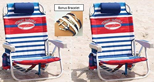 Tommy Bahama Beach 3 Pc Set Plus Bonus: 2 Backpack Beach Chairs and Matching Umbrella Plus Bonus Nautical Bracelet