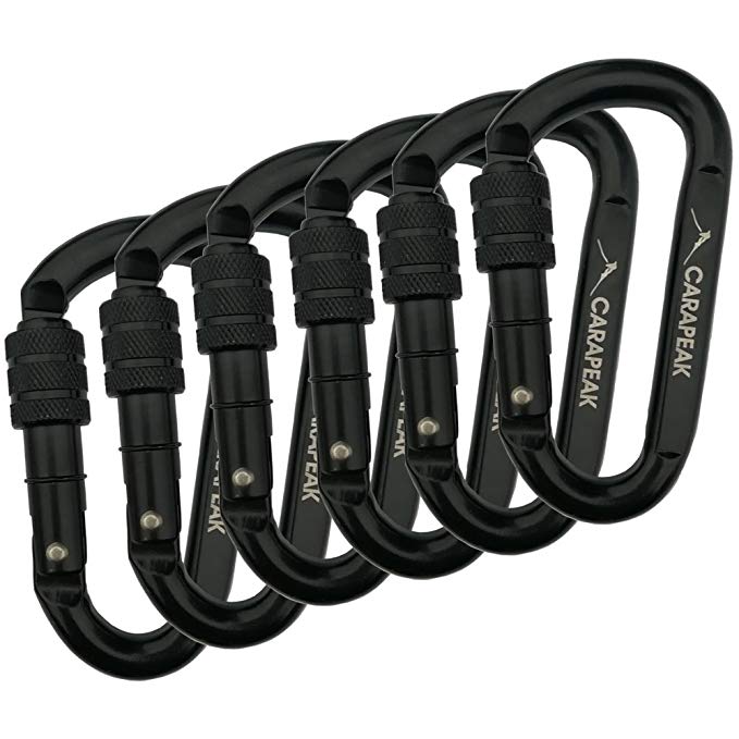 CARAPEAK 30kN Heavy Duty Screwgate Locking Snag-Free 2 3 4 6 Pack Set D Shape Carabiner, Strong Steel Clip for Gym, Hammock, Hunting Black