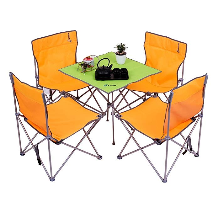 Legoyo 5-in-1 Portable Folding Green Picnic Table With Four Oversize Big Orange Chairs Set And Carrying Bag