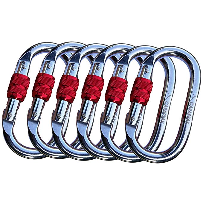 CARAPEAK 25kN Heavy Duty Steel Screwgate Locking 2 4 6 Pack Set Oval Shape Carabiner Clip, Strong Gym, Hammock, Hunting Locking, Lockable Hook