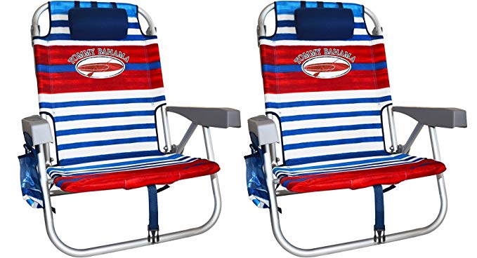 2 Tommy Bahama Backpack Cooler Chair with Storage Pouch and Towel Bar (Red/White/Blue & Red/White/Blue)