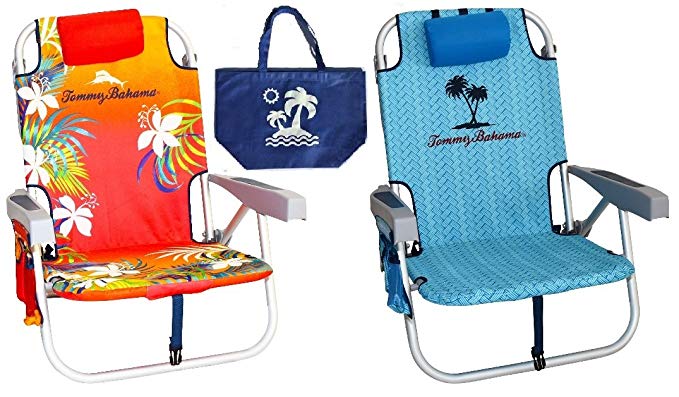 2 Tommy Bahama Backpack Beach Chairs(1 Red and 1 Blue) + 1 Medium Tote Bag