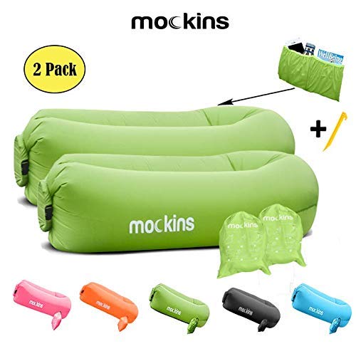 Mockins 2 Pack Green Inflatable Lounger Hangout Sofa Bed with Travel Bag Pouch The Portable Inflatable Couch Air Lounger is Perfect for Music Festivals and Camping Accessories Inflatable Hammock