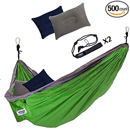 Double Camping Hammock by Unlimited Camp: 3 Seam Nylon Portable Lightweight Bedding for Camping, Hiking, Beach, or Yard plus Free Pillows, Ropes, and Special Straps