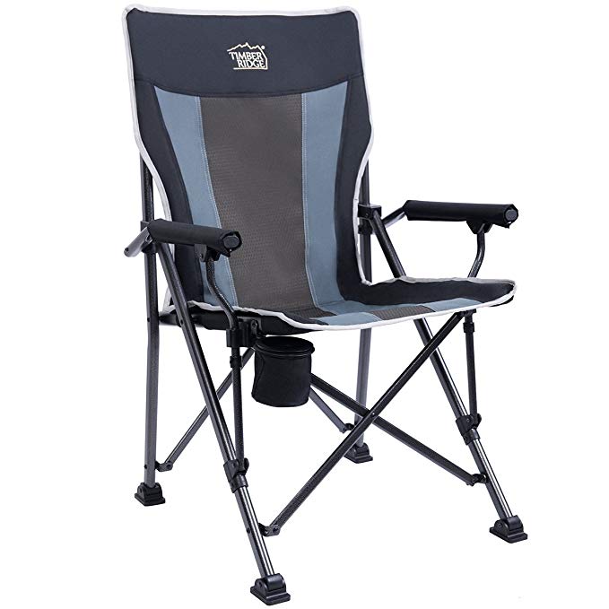 Timber Ridge Camping Chair Ergonomic High Back Support 300lbs with Carry Bag Folding Quad Chair Outdoor Heavy Duty, Padded Armrest, Cup Holder