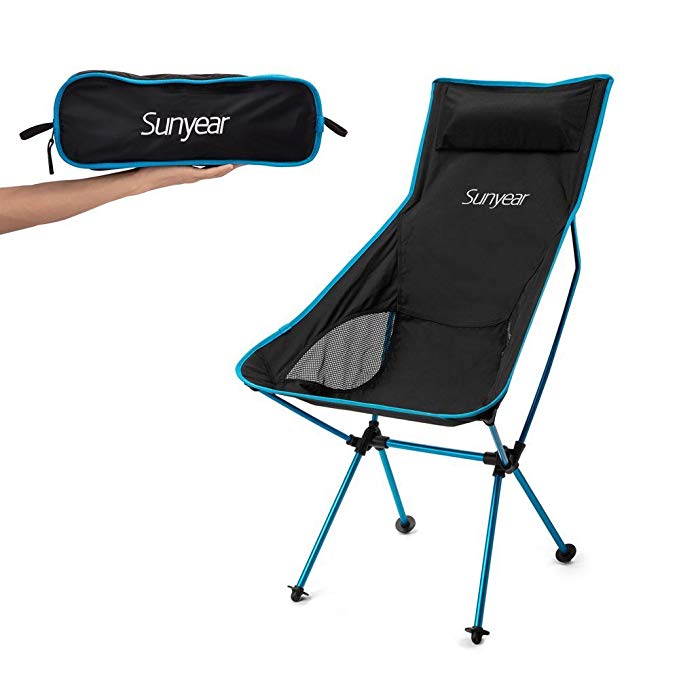 Sunyear Innovative Foldable Camp Chair, Stuck-Slip-Proof Feet, High Back, Headrest, Super Comfort Ultra Light Heavy Duty, Perfect for The Backpacking/Hiking/Fishing/Beach/Sport (Blue)