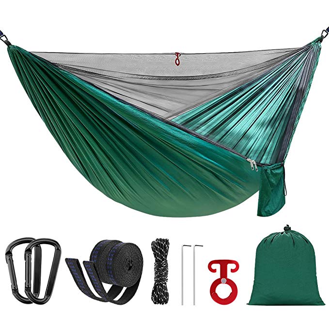 Double Single Camping Hammock with Mosquito Bug Net and Ttree Straps Portable Lightweight Parachute Nylon Hammock for Backpacking Travel Beach Yard Outdoor(Dark Green)