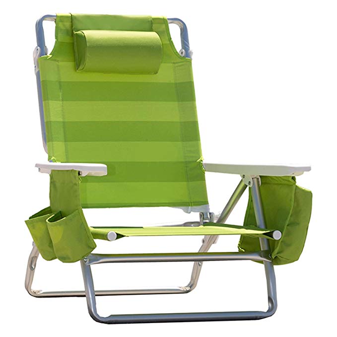 Nautica Reclining Portable Beach Chair with Insulated Cooler (Lime Green Stripe)