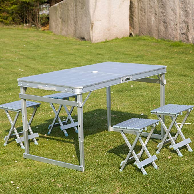 Peach Tree Aluminum Outdoor Portable Folding Camping Picnic Table Set w/4 Chairs, Silver